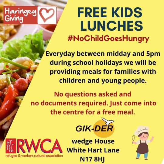 Poster advertising free kids lunches from the Refugee Workers Cultural Association